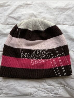 The North Face Striped Knit Beanie Pink Brown Winter Hat